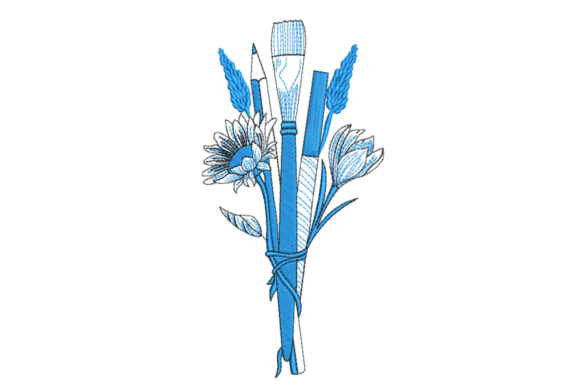 Blue Art Tools Bouquet: A Fresh Embroidery Design